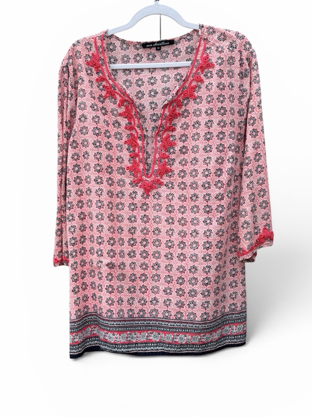 Ava Christine- Pink Printed V-Neck Women's Tunic with Contrast Trim- Embroidery